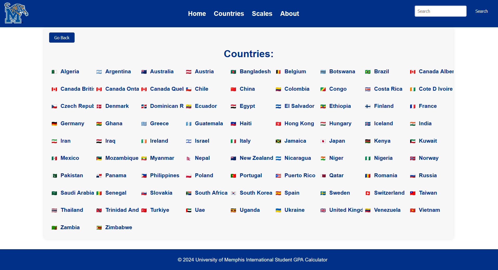 UofM GPA Calculator Countries Page Screenshot